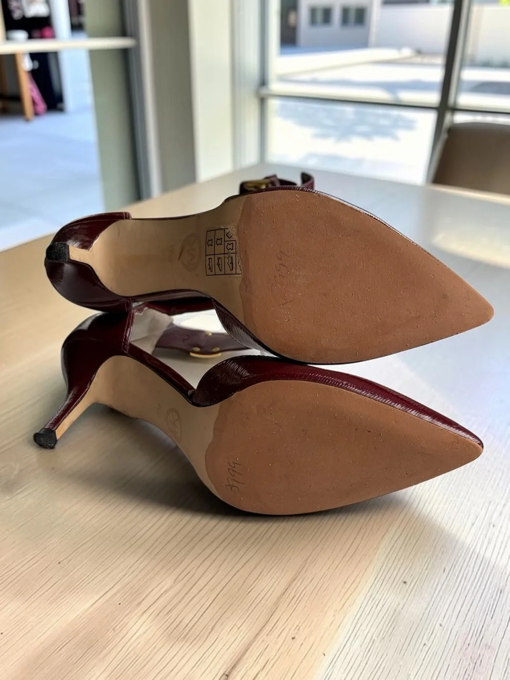 Michael Kors Burgundy Pointed-Toe Ankle-Strap Heels with Gold Accent